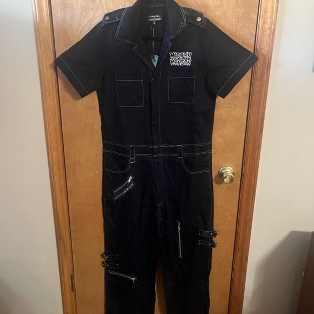Dolls Kill x Marilyn Manson Black Mechanic Jumpsuit with White Stitching - Picture 1 of 8
